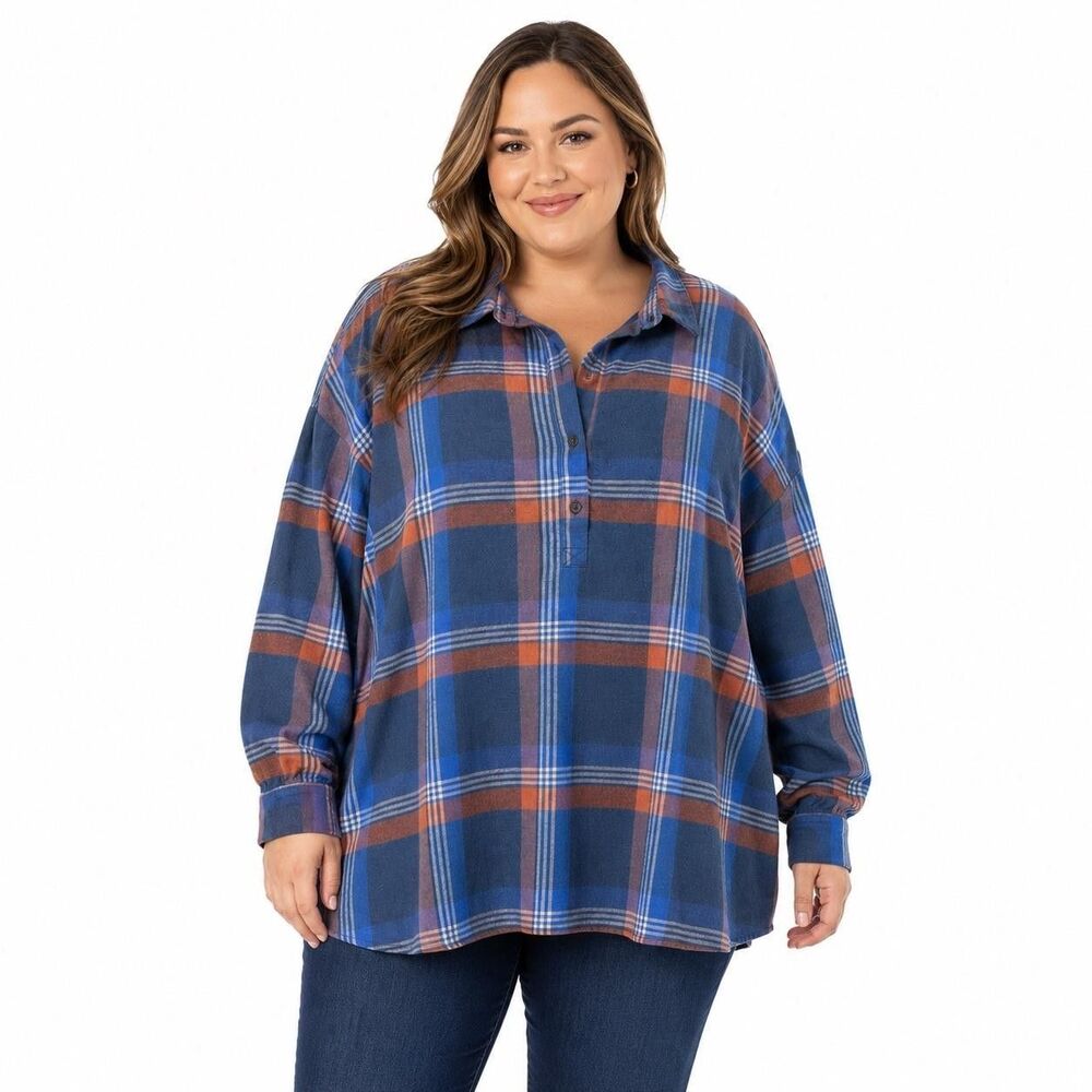 PrAna Tunic Shirt Womens 2X Blue Plaid Collared Long Sleeve Flannel Top Relaxed